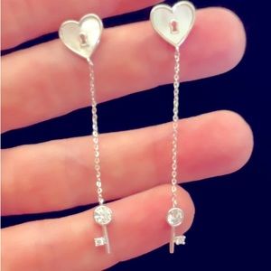 Rare New Mother of Pearl Heart & Key Drop Dangle Earrings S925 Diamond Accent